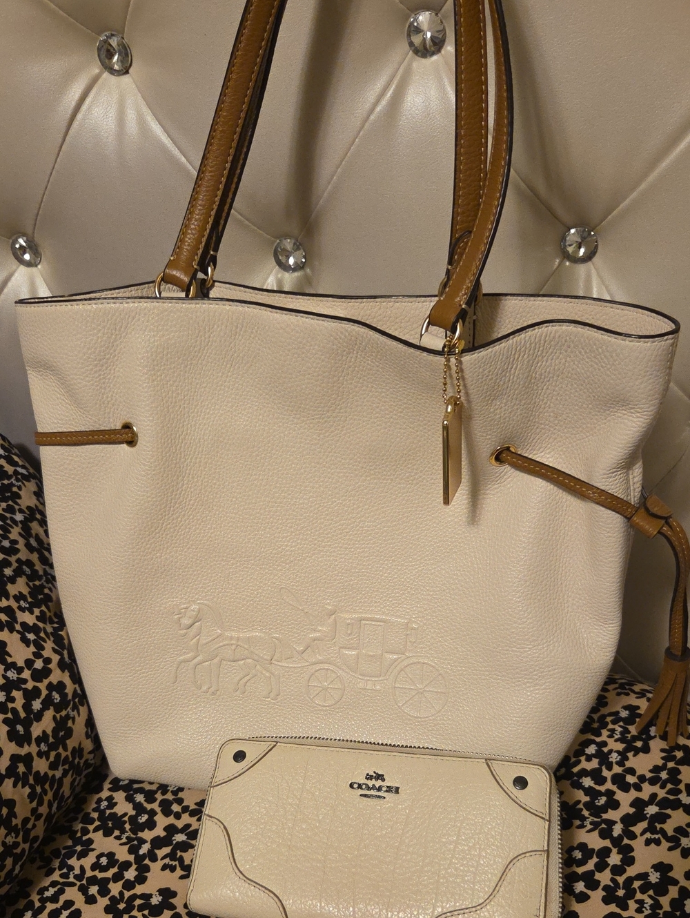 Coach Cream Pebbled Leather Tote with Tan Trim W/ wallet